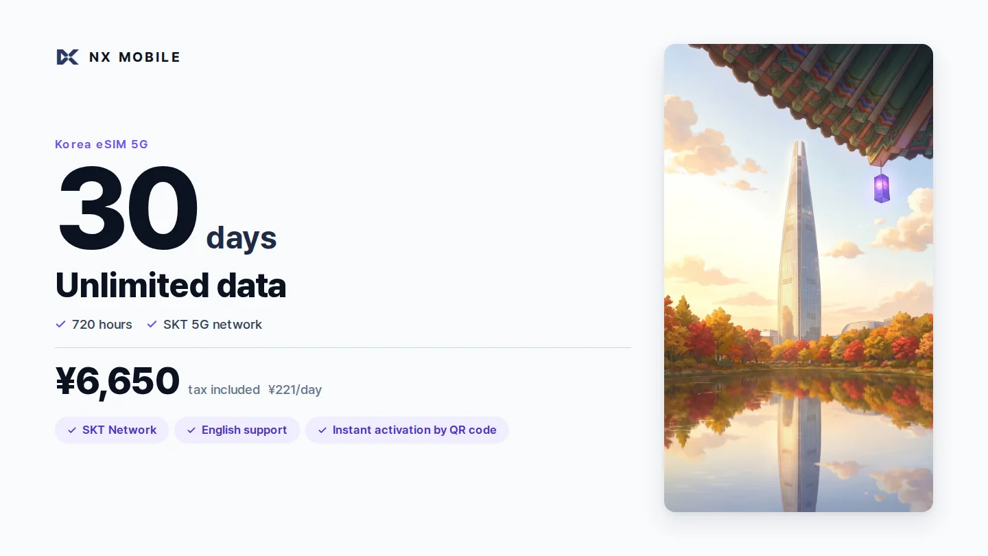 NX MOBILE Korea eSIM 5G, unlimited data, 30 days (SKT network)