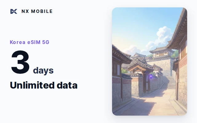NX MOBILE Korea eSIM 5G, unlimited data, 3 days (SKT network)