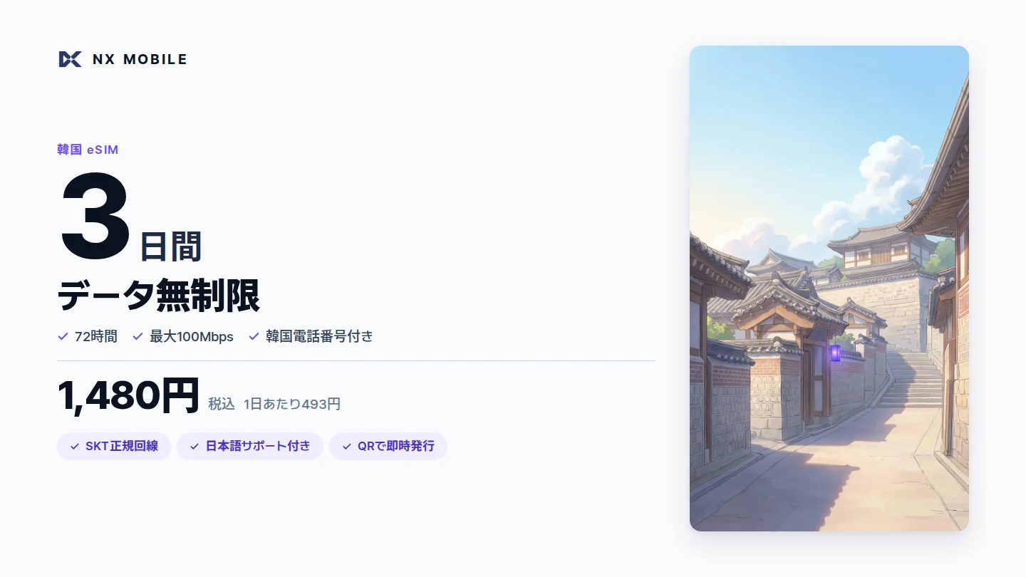 NX MOBILE 韓国eSIM データ無制限 3日間（SKT正規回線）
