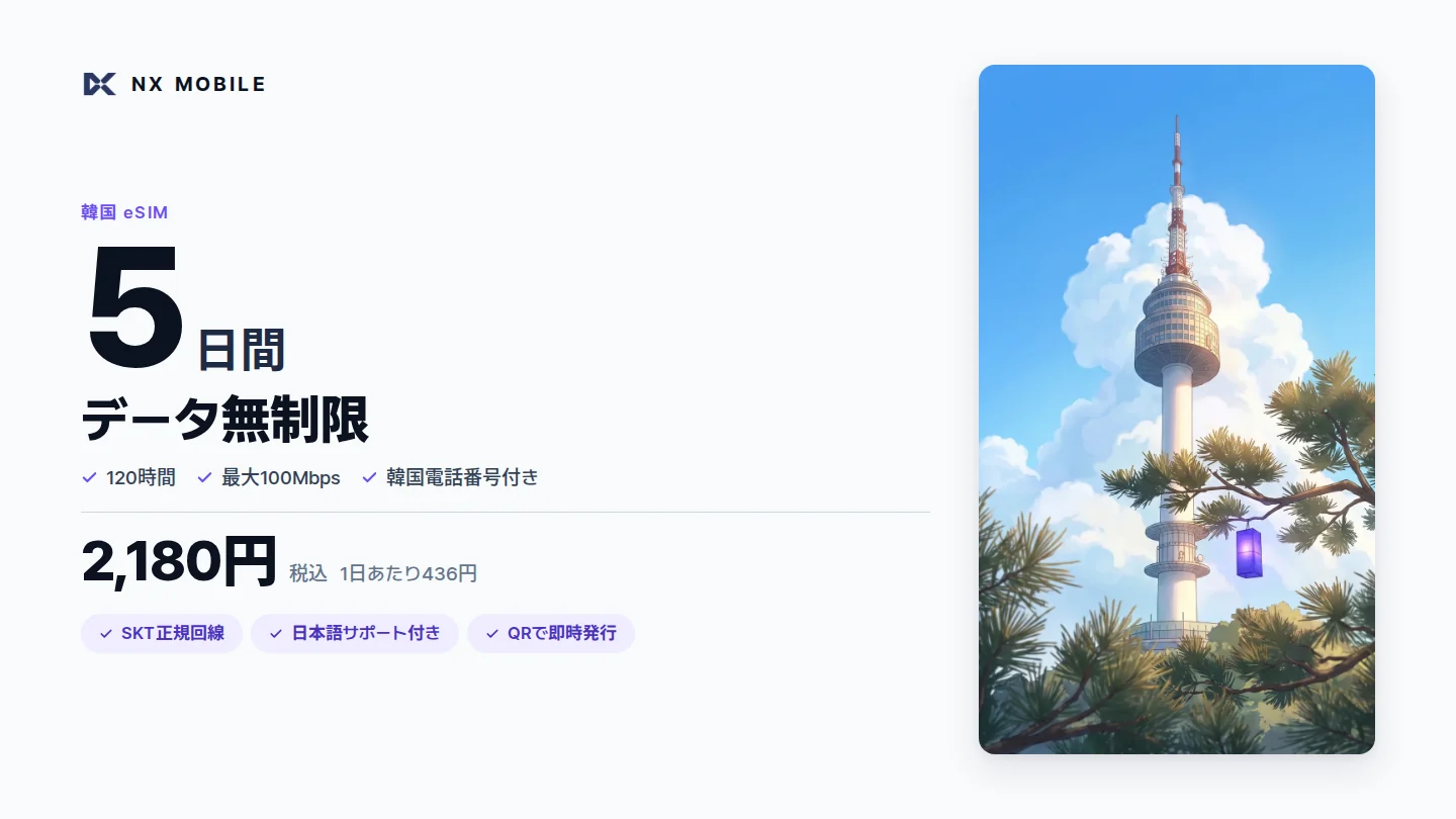 NX MOBILE 韓国eSIM データ無制限 5日間（SKT正規回線）