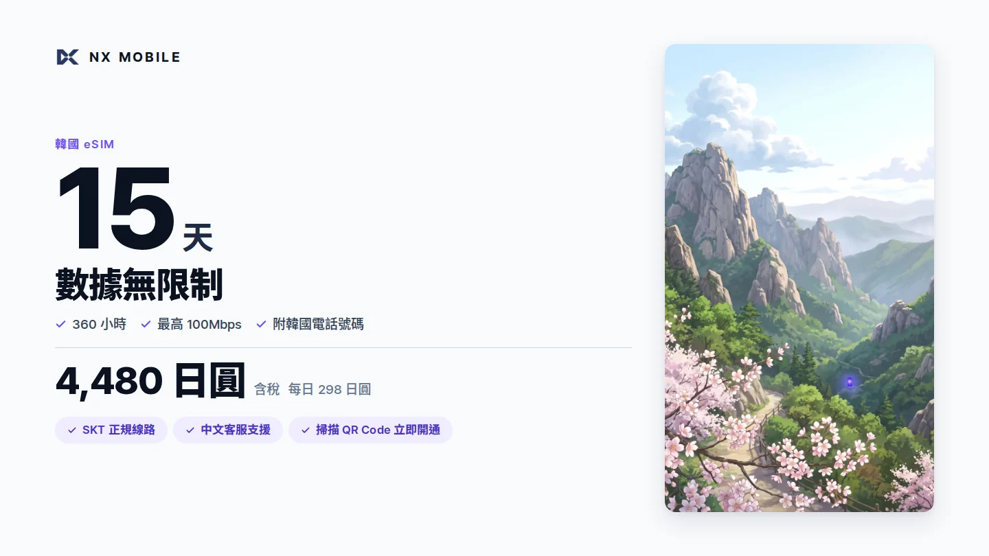 NX MOBILE 韓國 eSIM 數據無限制 15 天（SKT 正規線路）