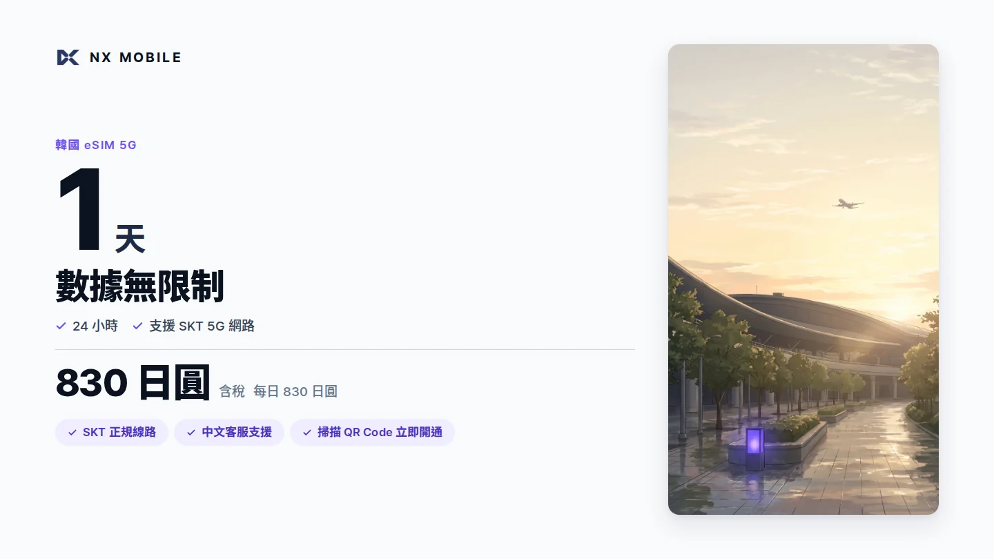 NX MOBILE 韓國 eSIM 5G 數據無限制 1 天（SKT 正規線路）
