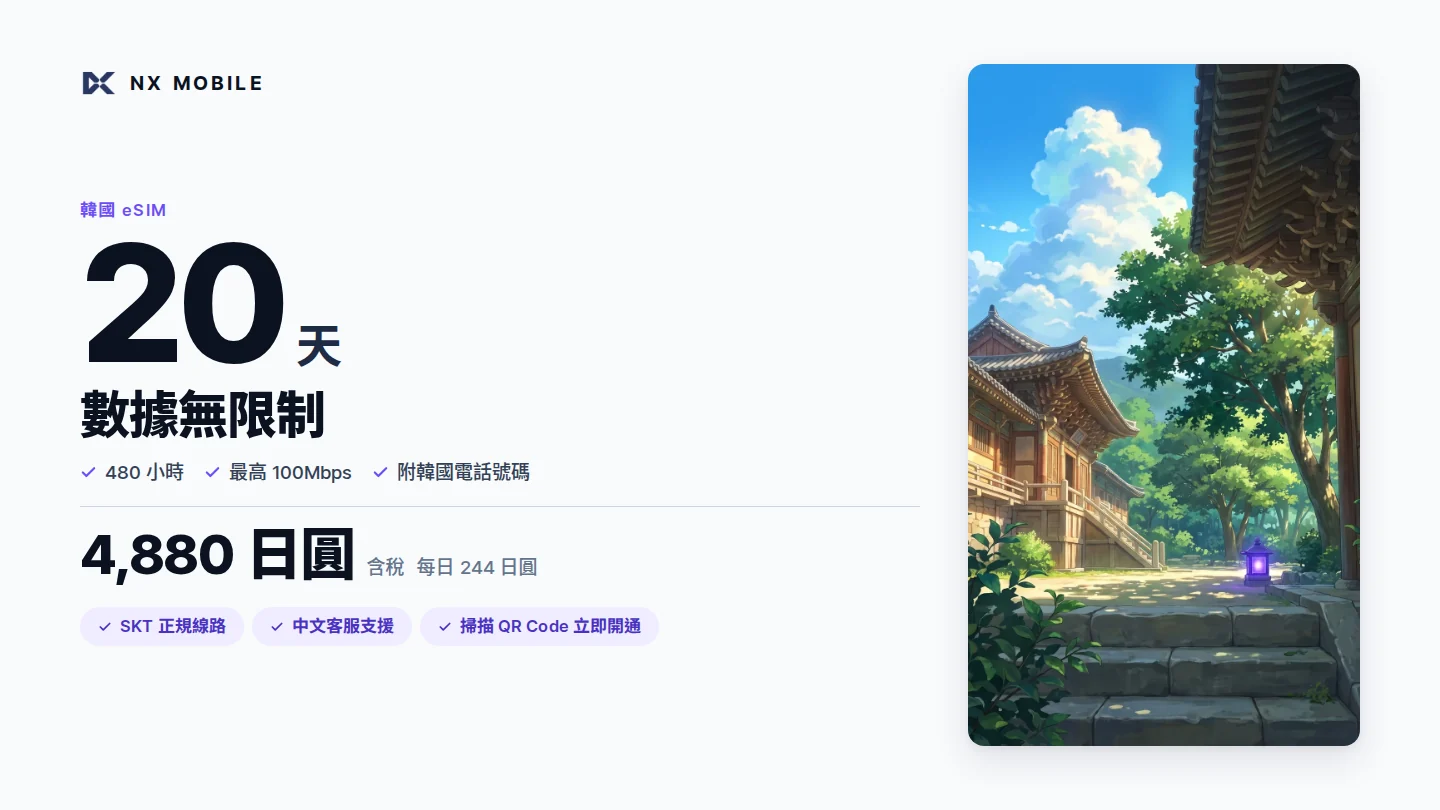 NX MOBILE 韓國 eSIM 數據無限制 20 天（SKT 正規線路）