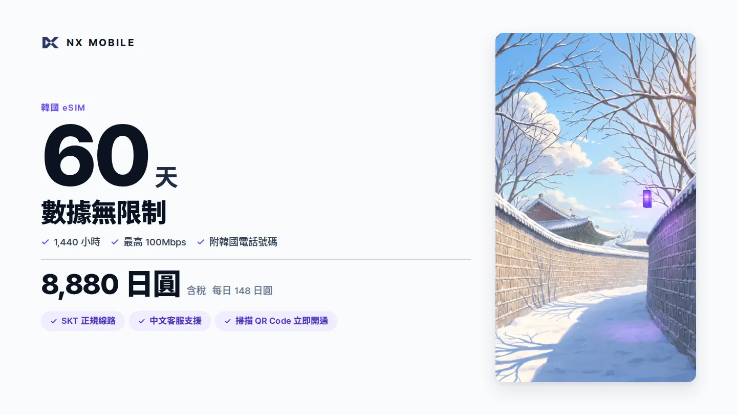 NX MOBILE 韓國 eSIM 數據無限制 60 天（SKT 正規線路）