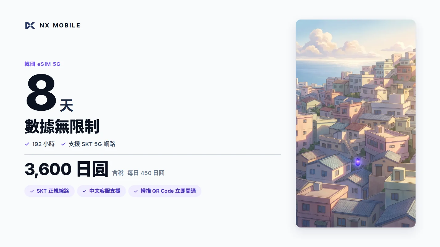 NX MOBILE 韓國 eSIM 5G 數據無限制 8 天（SKT 正規線路）