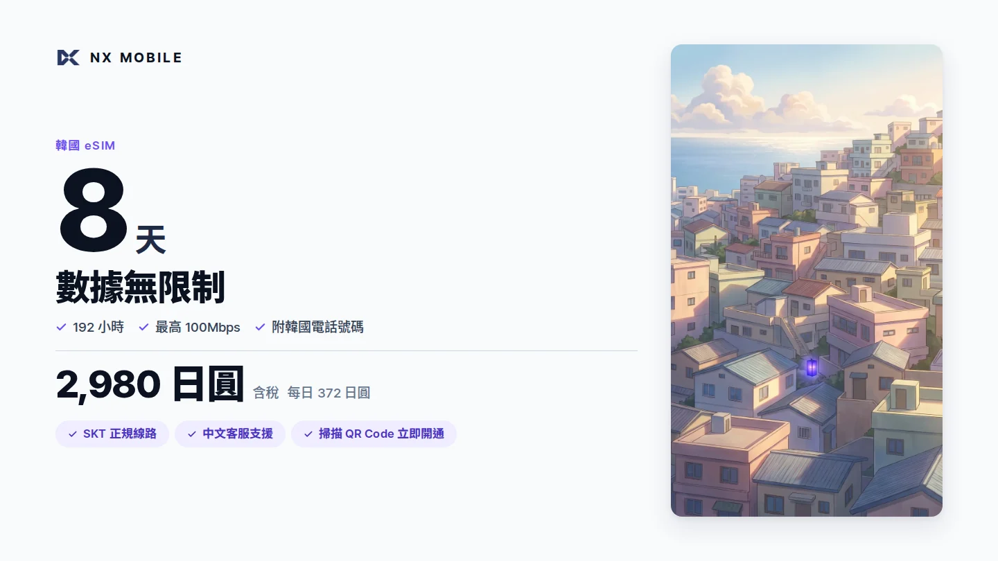 NX MOBILE 韓國 eSIM 數據無限制 8 天（SKT 正規線路）